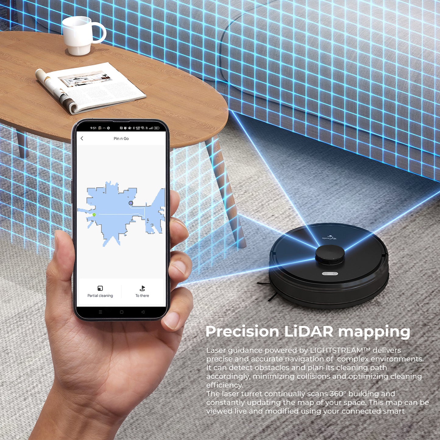 MyGenie Laser IQ360 Turbo+ Total Clean System Robot Vacuum w/ Tower LiDAR Black