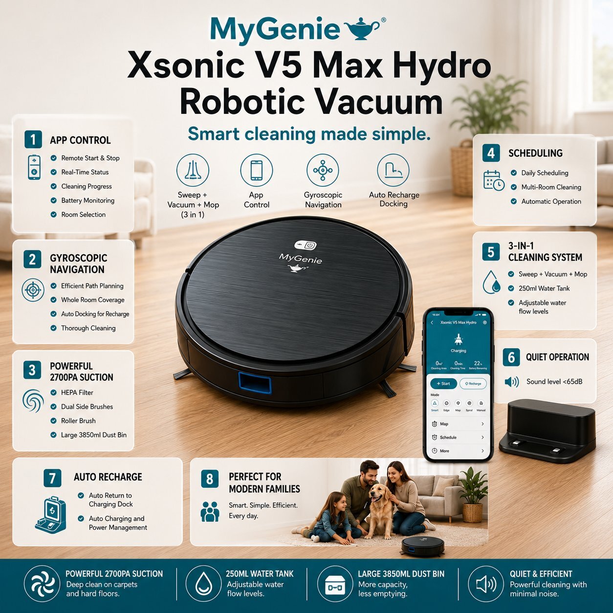 MyGenie Xsonic V5 Max Hydro 3-in-1 Robot Vacuum & Mop, WiFi App Control