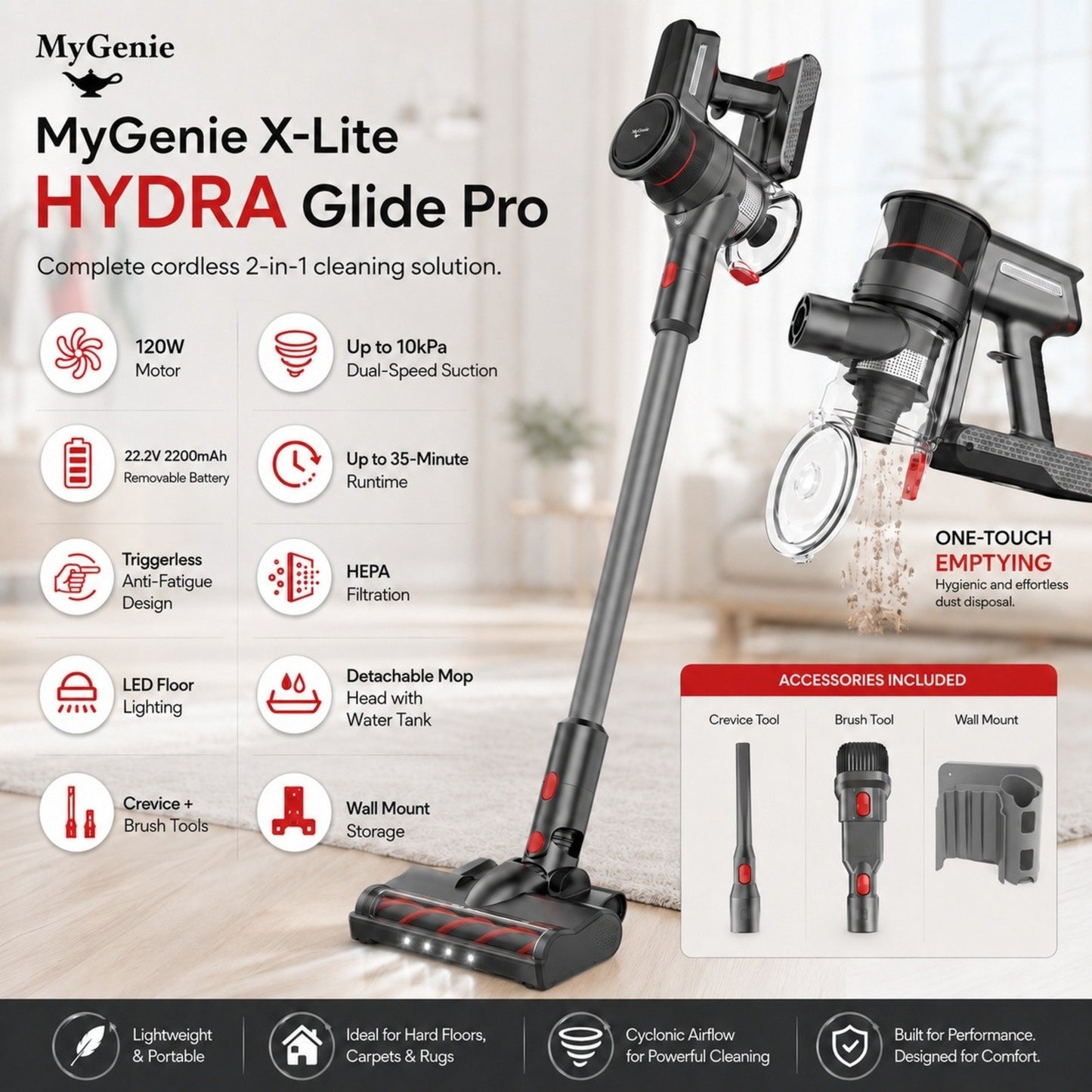 MyGenie X-Lite HYDRA Glide Pro Cordless Vacuum & Mop, LED, HEPA Filter
