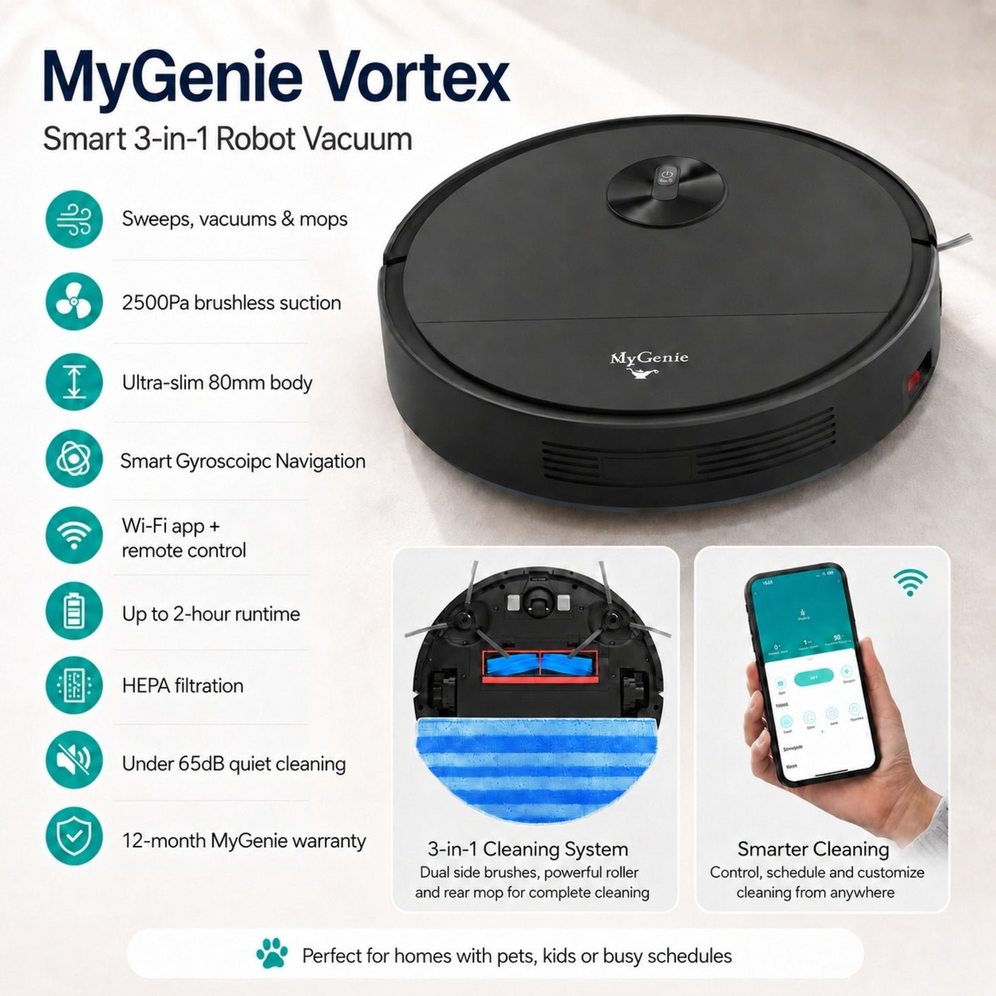 MyGenie Vortex 3-in-1 Slim 80mm Robot Vacuum & Mop, 2500Pa, Wi-Fi, HEPA