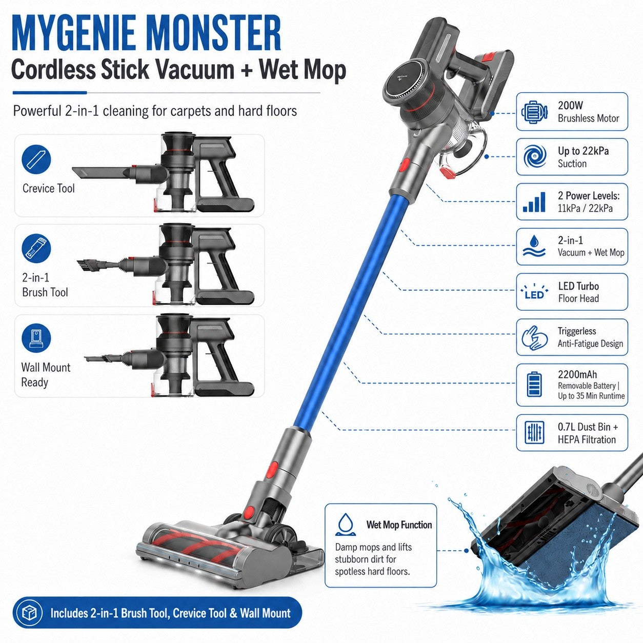 MyGenie Monster Pro Cordless Stick Vacuum & Mop, HEPA, Powerful Suction