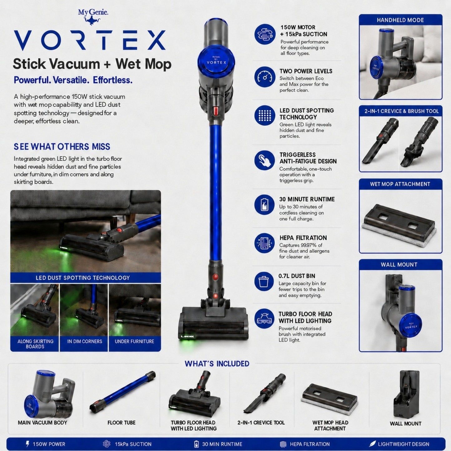 MyGenie Vortex Stick Vacuum & Mop, Dust Spotting Tech, HEPA, Cordless