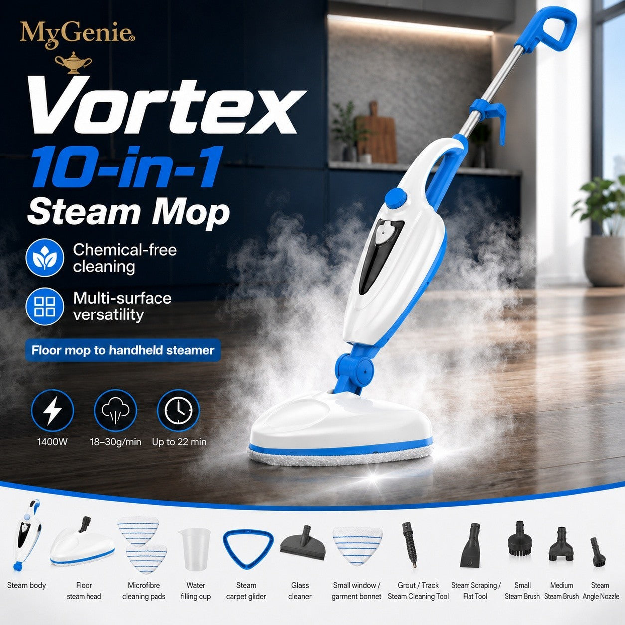 MyGenie Vortex 10-in-1 Steam Mop, 1400W Multi-Surface Cleaner & Handheld Steamer