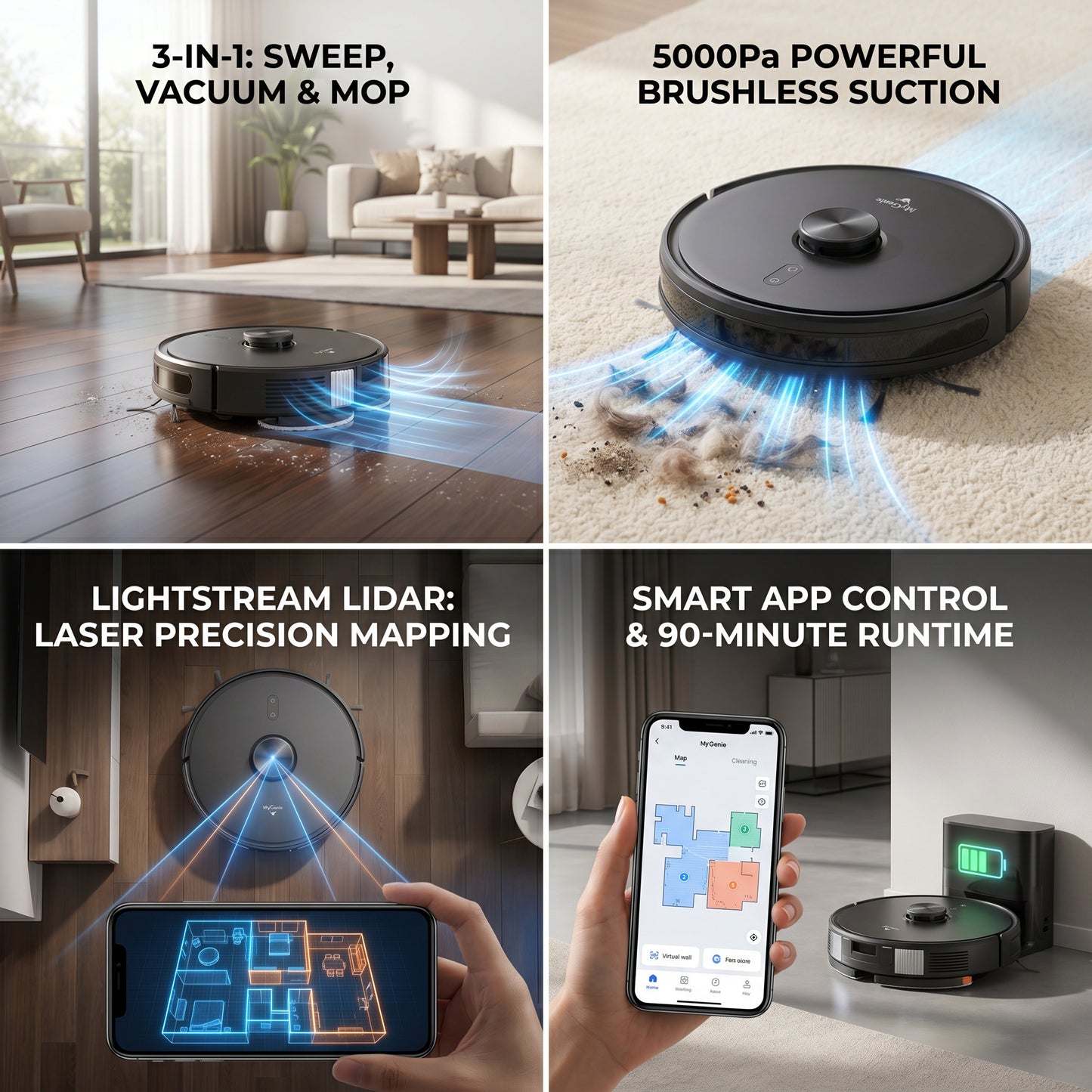 MyGenie Raptor Laser Robot Vacuum, Smart Mapping, HEPA, Powerful Suction