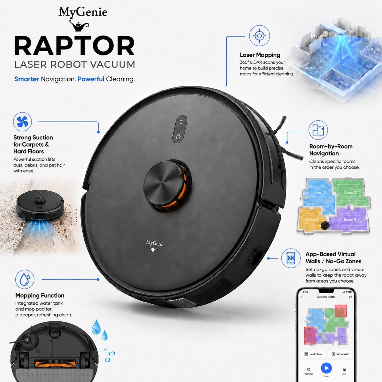 MyGenie Raptor Laser Robot Vacuum, Smart Mapping, HEPA, Powerful Suction