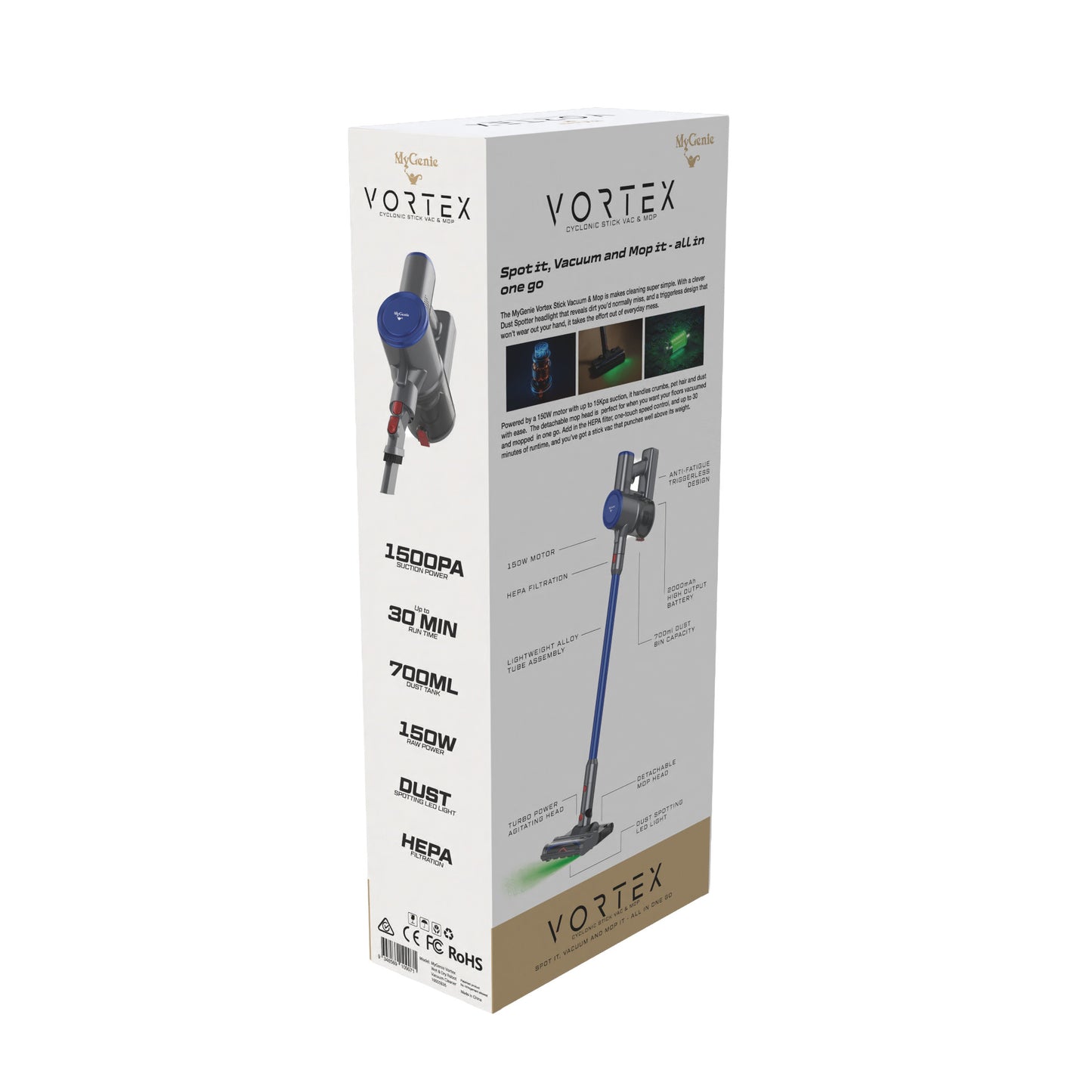 MyGenie Vortex Stick Vacuum & Mop, Dust Spotting Tech, HEPA, Cordless