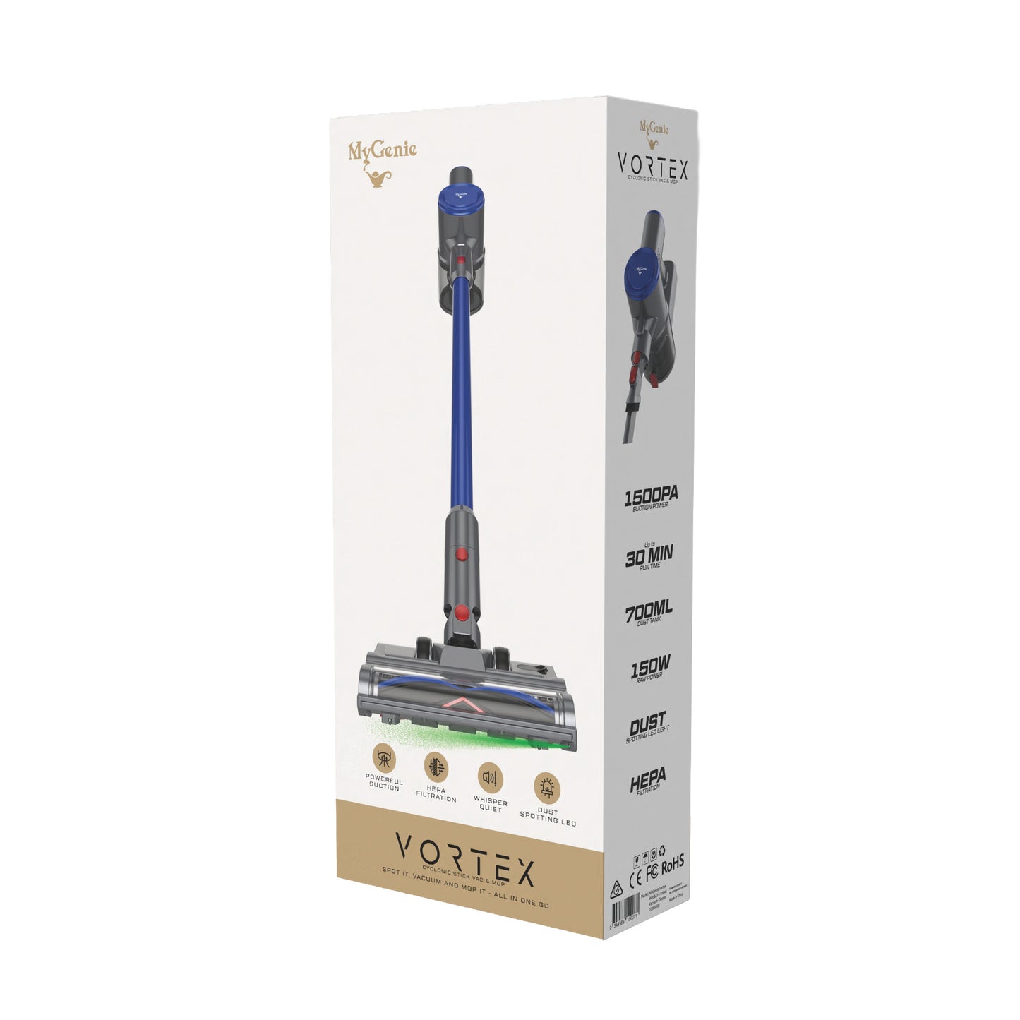 MyGenie Vortex Stick Vacuum & Mop, Dust Spotting Tech, HEPA, Cordless